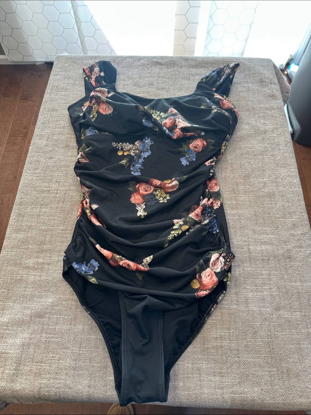 Albion Black One-Piece Swimsuit with Rose and Blue Floral Trim